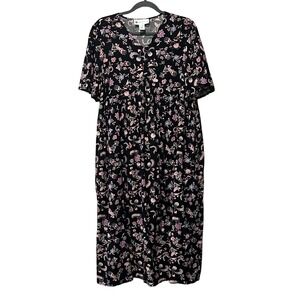 Ella Simone Floral Midi Dress Womens Large Black Pink Babydoll V-Neck Rayon